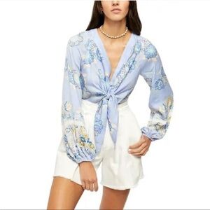 FREE PEOPLE Run Free Blouse Periwinkle Ruffle Floral Long Sleeve Sz S